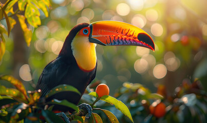 Fototapeta premium A colorful toucan sits on a branch, surrounded by tropical plants. Generate Ai