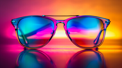 Colorful sunglasses on reflective surface