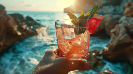 Person holding glass of watermelon cocktail by ocean