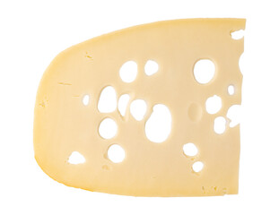 maasdam cheese slice with holes closeup, swiss cheese isolated, top view