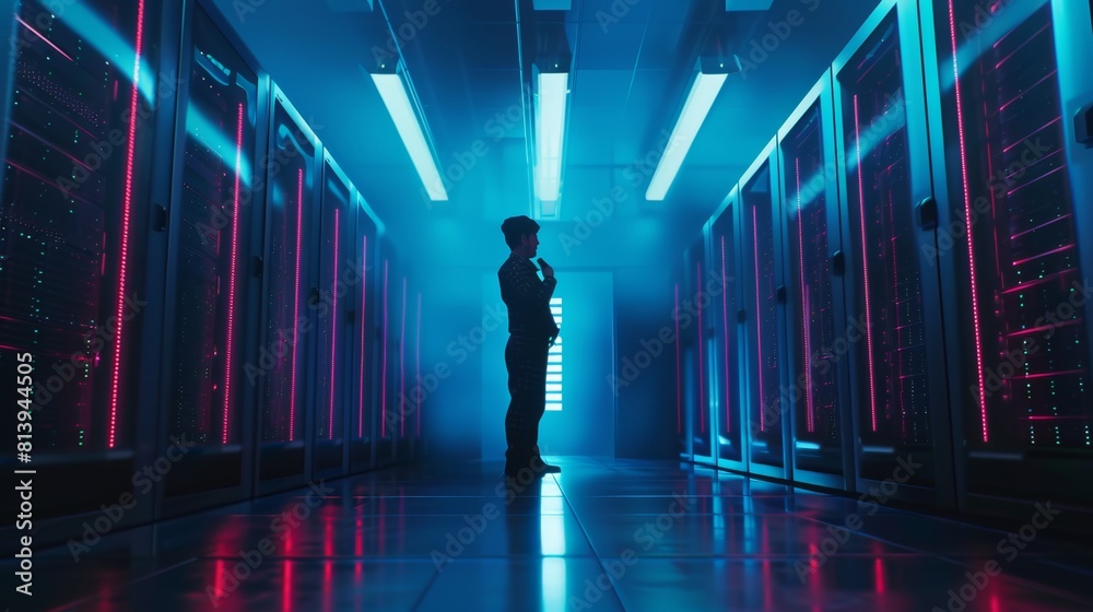 Poster using a tablet computer for working as a data center it specialist. cloud computing facility with a 