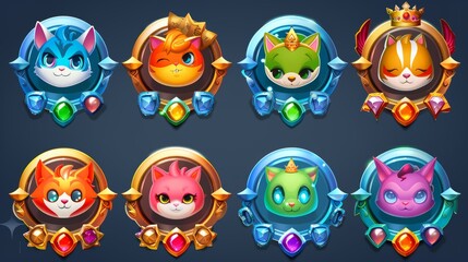 Game avatars design with animal characters. Set of cute colorful borders with fantasy cat tail, fox ears, frog eyes, and unicorn wings and crown decor elements. Cartoon modern illustration.