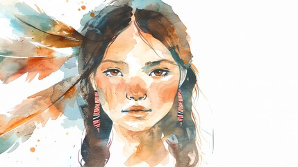Cree Canada Woman, Minimalistic watercolor, on a white background, cute and comical with empty copy space.