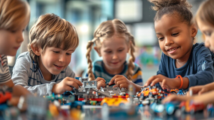 Children playing with legos in a classroom