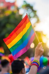 Close-up of a hand holding a small rainbow pride flag at an LGBTQ event, with blurred festive background, lgbtq pride month