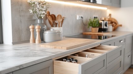 Elegant kitchen interior with open gray drawers revealing organized utensils beneath a marble countertop.