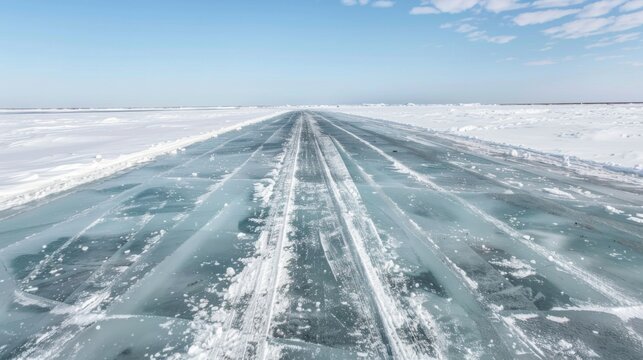 A cleared ice road on the frozen Mackenzie River with a clear blue sky.
