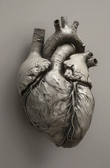 Create a realistic 3D model of a human heart with accurate anatomy and visible veins. Render the model in high-quality with realistic textures and lighting