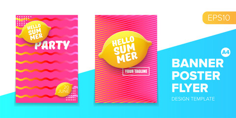 Vector electronic music summer party poster background Pink club party flyer or creative banner with abstract waves and fresh lemon. Hello summer party design template