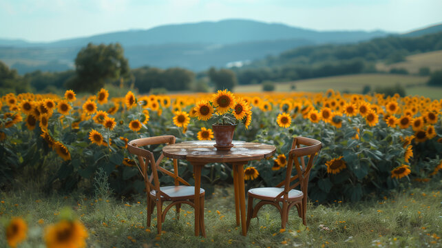 Table and chairs set in sunflower field