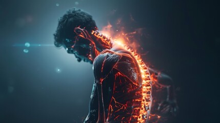 The following is a VFX Back Pain Virtual Reality presentation render developed using a digitally generated person experiencing discomfort as a result of a spinal injury or arthritis. A schematic