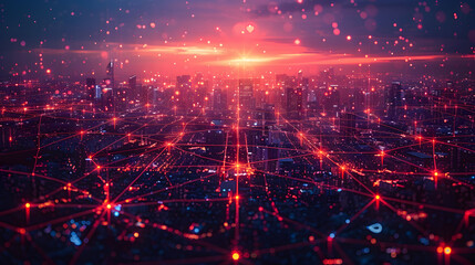 Obraz premium A cityscape with a bright red sun in the background. The city is lit up with a network of lights, creating a vibrant energetic atmosphere