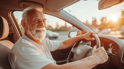 Naklejka premium Mature man with a beard driving a car during a sunny day, with a content expression.