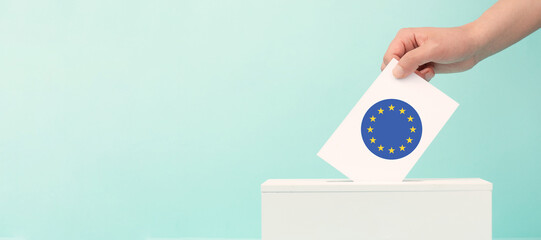 EU election, ballot box, european union flag, blue and yellow stars, citizens of Europe voting...