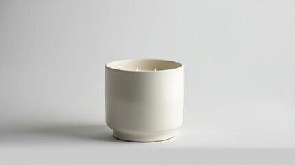 Scented candle in oversized cylindrical cup, pure white background, simple decoration, fresh flowers, marine, product photography, centered composition, fresh, authentic