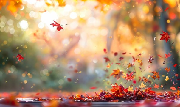 Autumn leaves dancing in a warm glowing backdrop