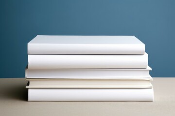 Neat stack of white, unlabelled books on a table with a blue backdrop