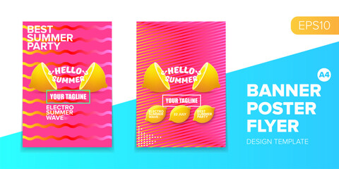 Vector electronic music summer party poster background Pink club party flyer or creative banner with abstract waves and fresh lemon. Hello summer party design template