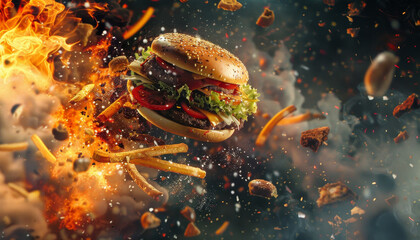 A burger is flying through the air with fries by AI generated image
