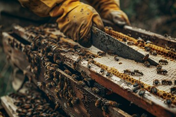 Beekeeper inspects hive with a tool amidst buzzing bees