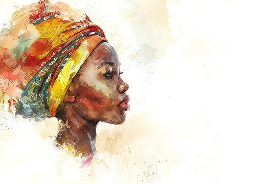 Zulu South Africa Woman, Minimalistic watercolor, on a white background, cute and comical with empty copy space.
