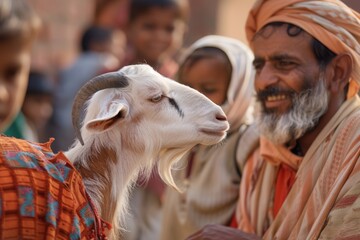 Traditional Indian Family Interacting With a Goat at a Rustic Farm During Daytime