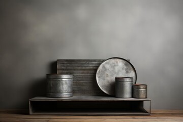 Tin-themed podium with matt, industrial surfaces, set against a minimalist, silver background,...