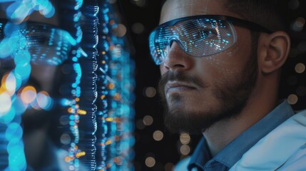 Scientist analyzing DNA data through futuristic glasses with digital interface overlay against a lab backdrop.