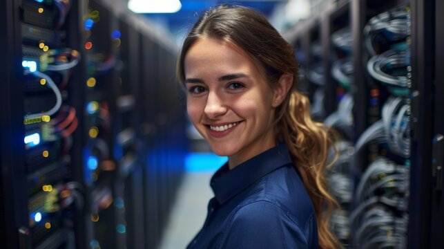 A smiling woman in a server room looking over her shoulder with racks of network equipment in the background.