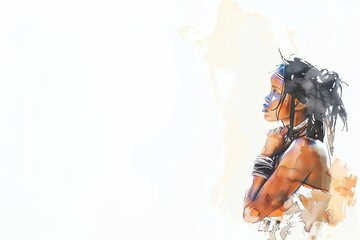 Aboriginal Australians Australia Woman, Minimalistic watercolor, on a white background, cute and comical with empty copy space.