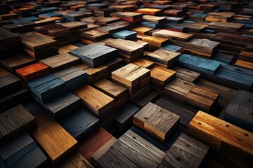 Hefty Stacks of wooden industrial boards. Storage of stacked wood oak planks. Generate ai