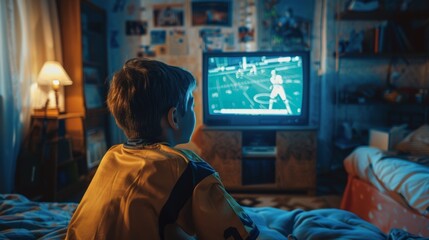 The young sports fan is watching a match on a retro TV in his dated room, feeling proud when his...