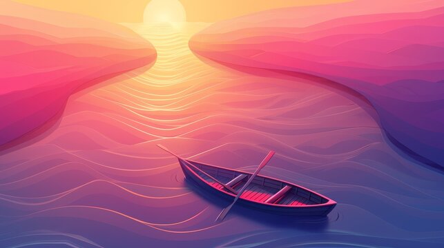 Top view boat in sea water sunset landscape cartoon illustration. Wooden dinghy with paddle floating in river nautical modern background. Fantasy adventure topview lake banner illustration.