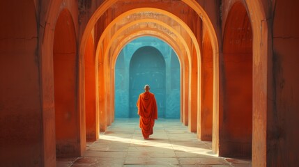 A monk in orange robes walking through an arched corridor in a monastery, highlighted by warm ambient light against a vibrant blue background.