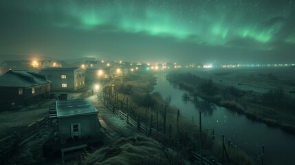 Ethereal auroras illuminate the night sky above a tranquil, snow-edged river flanked by buildings.