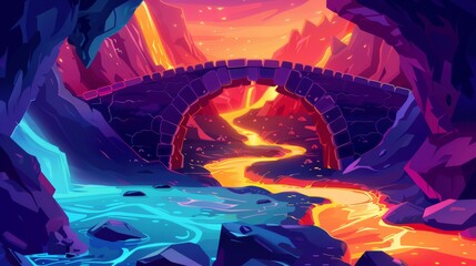A modern illustration with lava flowing inside a volcano cave. A hot magma river flows under a...