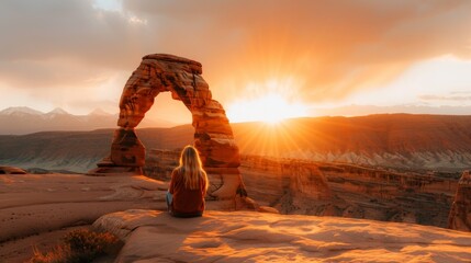 A person sits facing Delicate Arch at sunrise, with the sun casting a warm glow over the unique rock formation and surrounding landscape in Moab, Utah. - Powered by Adobe