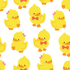 Cute Yellow duck seamless pattern background vector. Animal hand drawn tile wallpaper of duckling, chick, goose in pattern. Cartoon character creative design illustration for fabric, packaging, tiles.