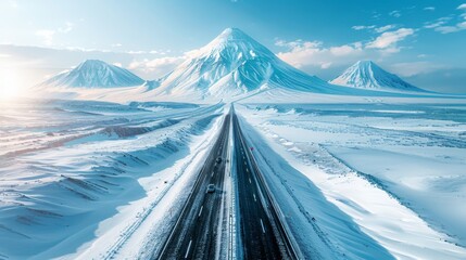 Aerial drone view of a highway winding through a snowcapped mountain landscape under a clear blue sky. - Powered by Adobe