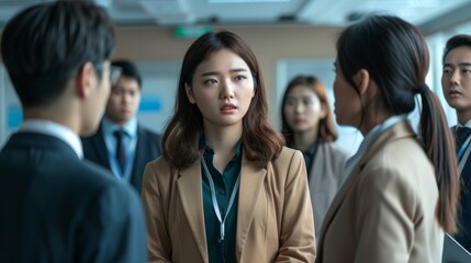 Obraz premium Young Asian businesswoman speaking confidently to colleagues in a meeting environment, showing professionalism.