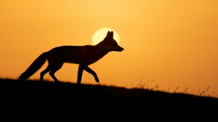 Silhouette of fox on sunset sky.