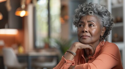 A senior biracial woman appears contemplative, posing thoughtfully in a cozy home setting.