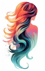 Long flowing hair in shades of red orange yellow green blue and purple.