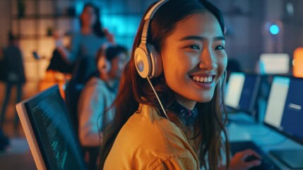 Modern Bright Office with Multiethnic Group of Creative Colleagues Working on Computers. Biracial Woman Using Headphones After Successfully Finishing a Work Project. Asian Man Using Headphones. - Powered by Adobe