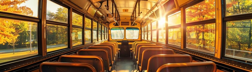 Autumnal school bus interior, yellow and orange hues, soft morning light filtering through windows, back view, wide angle
