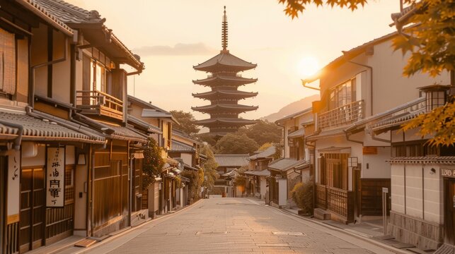 Golden sunlight bathing a serene traditional Japanese street, showcasing a pagoda and charming old houses.