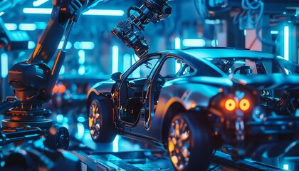 Futuristic factory assembling luxury cars, vibrant blue lighting, detailed robotic arms in motion