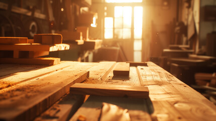 Carpenter workshop, wooden planks.