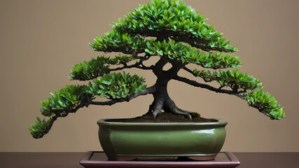 Green bonsai tree in a decorative pot