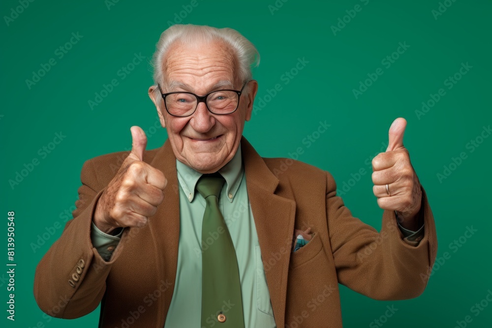 Wall mural Portrait of a joyful elderly man in his 90s showing a thumb up isolated on modern minimalist interior - Wall murals